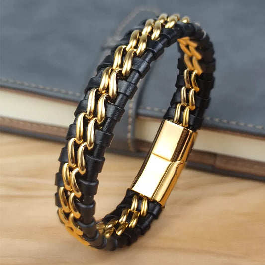 gold chain and leather bracelet black